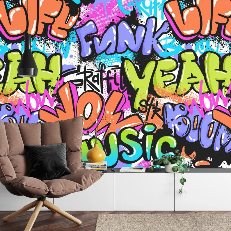 Colorful Graffiti Street Wallpaper Mural, Teenage Room Decor