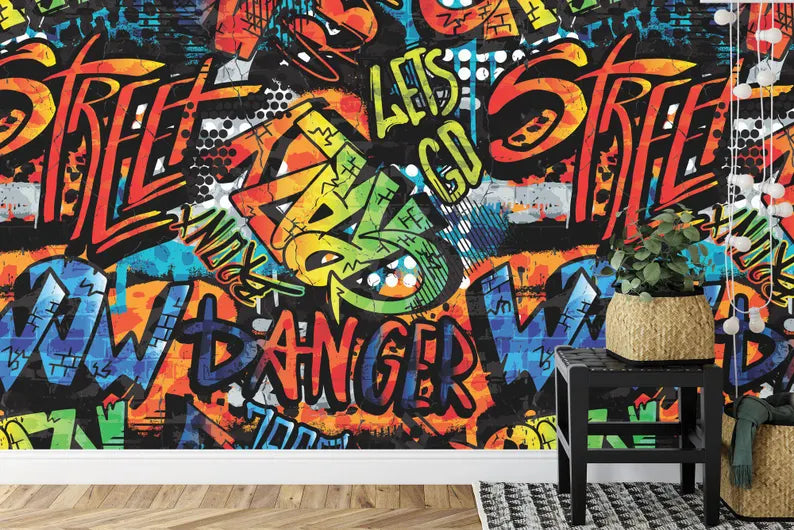Colorful Graffiti Street Wallpaper Mural, Teen Room Decor