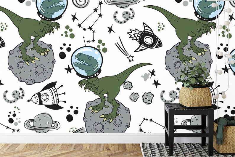Dinosaur Space Mural, Kids Room Wallpaper