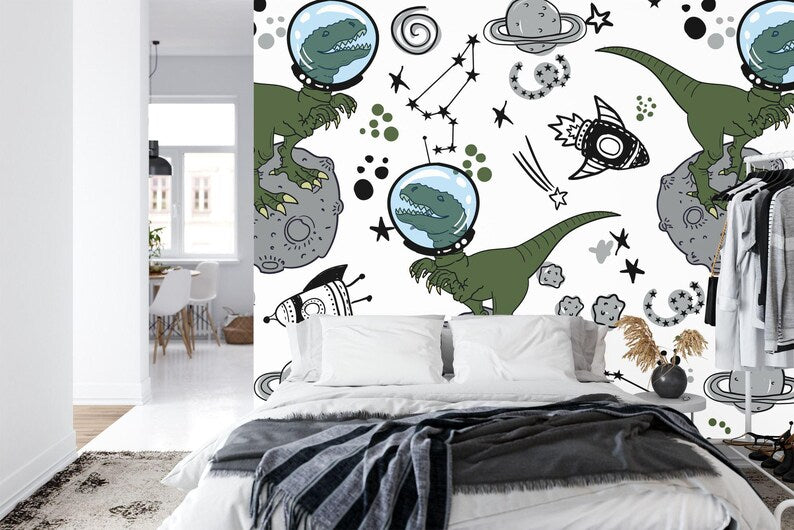 Dinosaur Space Mural, Kids Room Wallpaper