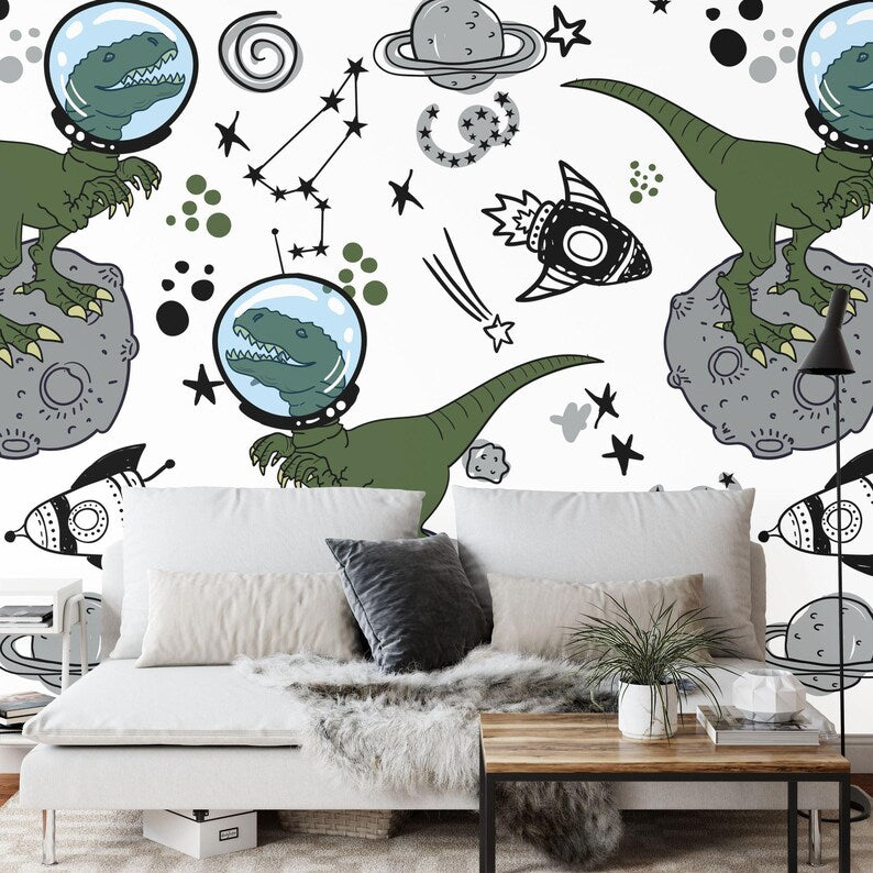 Dinosaur Space Mural, Kids Room Wallpaper