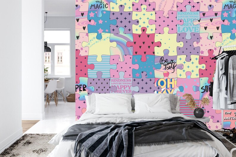 Girls Room Puzzle Wall Mural, Colorful Wallpaper