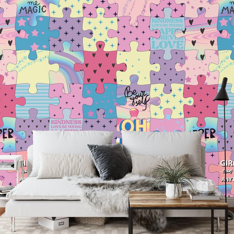 Girls Room Puzzle Wall Mural, Colorful Wallpaper