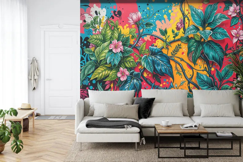 Floral Graffiti Mural, Hand-Drawn Street Art