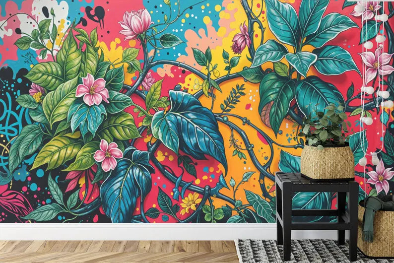 Floral Graffiti Mural, Hand-Drawn Street Art