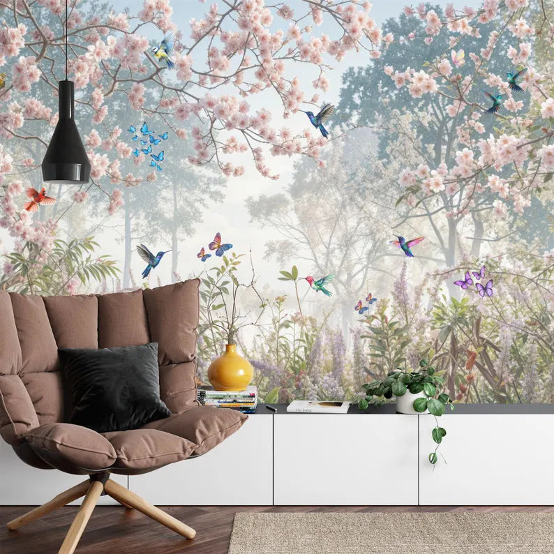 Meadow Garden Wallpaper Mural: Flowers, Birds