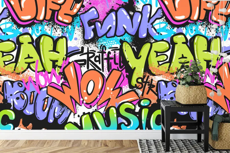 Colorful Graffiti Street Wallpaper Mural, Teenage Room Decor