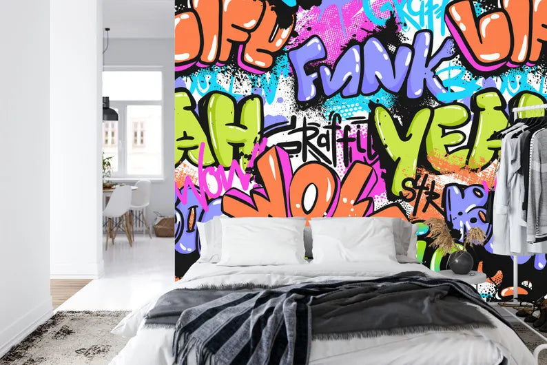 Colorful Graffiti Street Wallpaper Mural, Teenage Room Decor