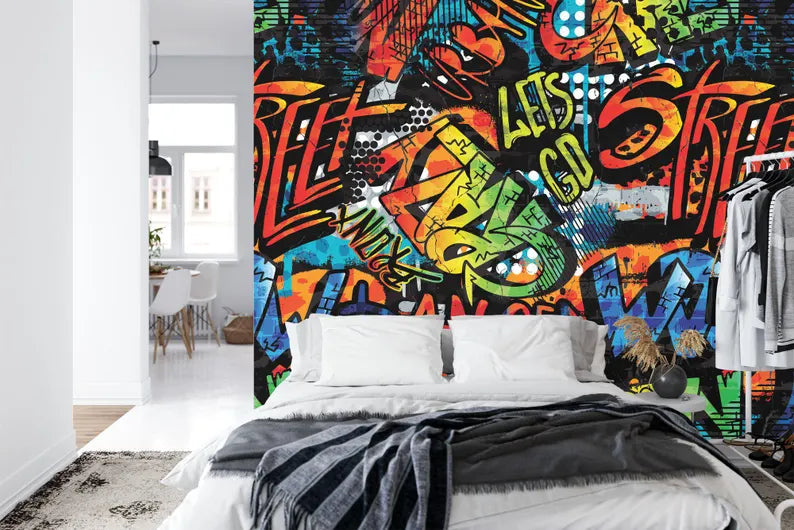 Colorful Graffiti Street Wallpaper Mural, Teen Room Decor