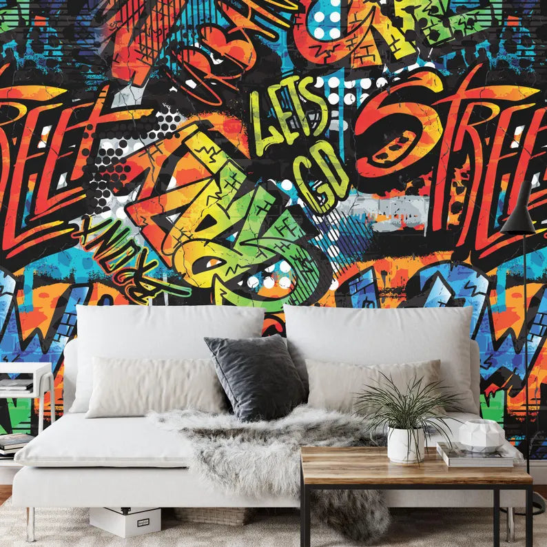 Colorful Graffiti Street Wallpaper Mural, Teen Room Decor