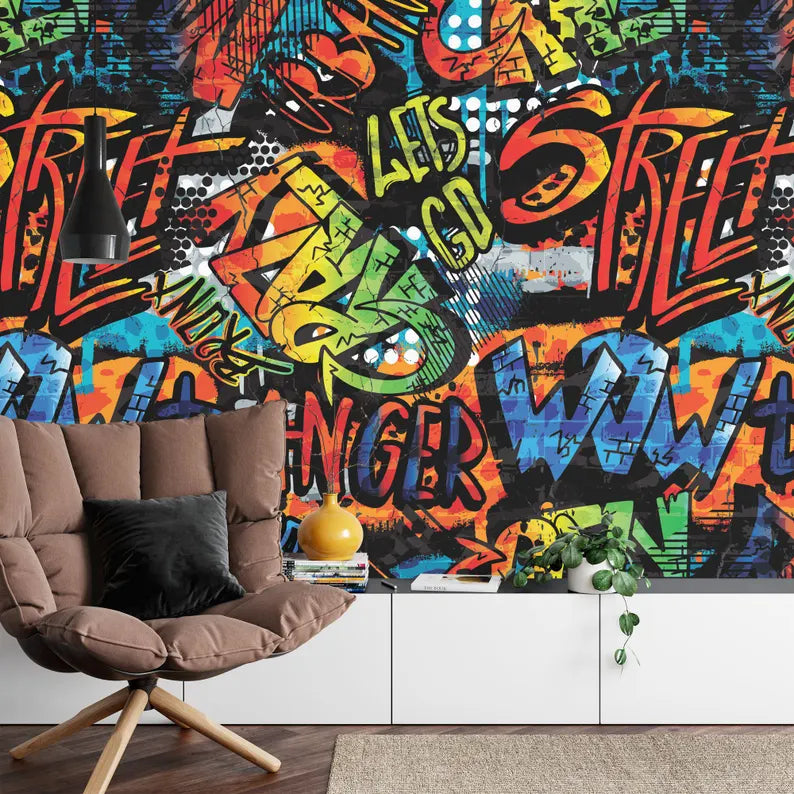 Colorful Graffiti Street Wallpaper Mural, Teen Room Decor
