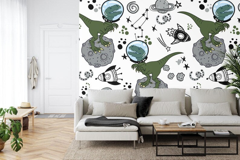 Dinosaur Space Mural, Kids Room Wallpaper