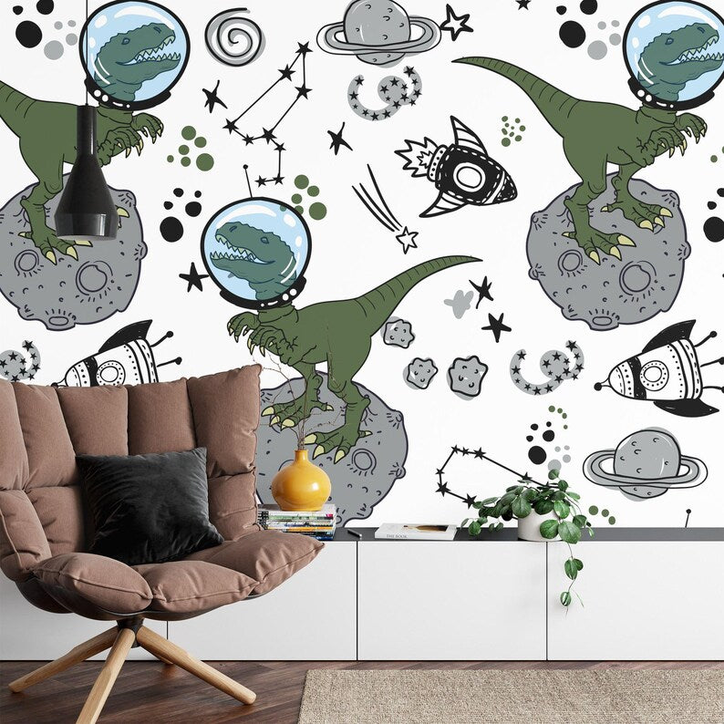 Dinosaur Space Mural, Kids Room Wallpaper