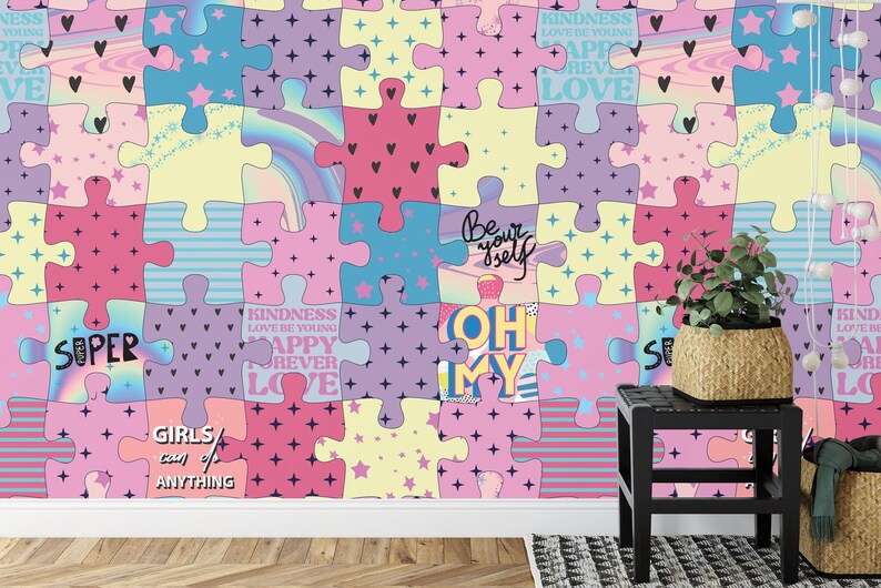 Girls Room Puzzle Wall Mural, Colorful Wallpaper