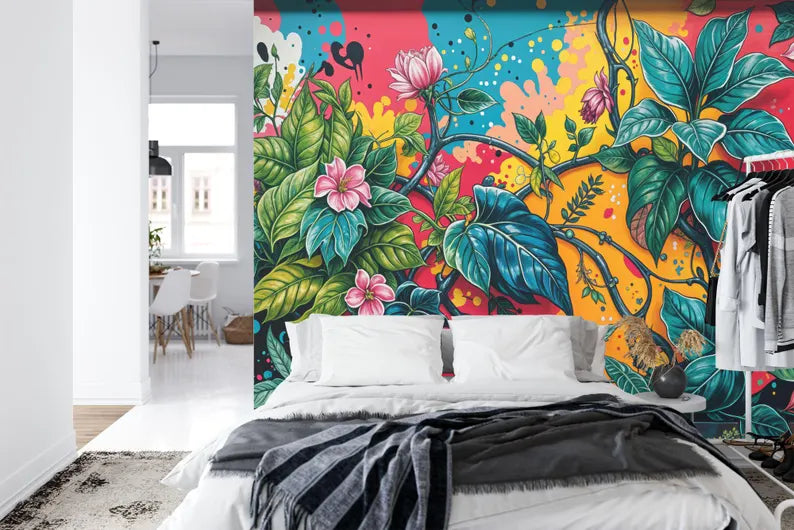 Floral Graffiti Mural, Hand-Drawn Street Art