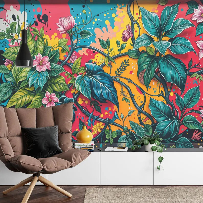 Floral Graffiti Mural, Hand-Drawn Street Art