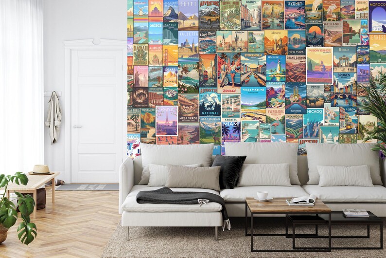 Retro Travel Poster Collage Wallpaper Mural