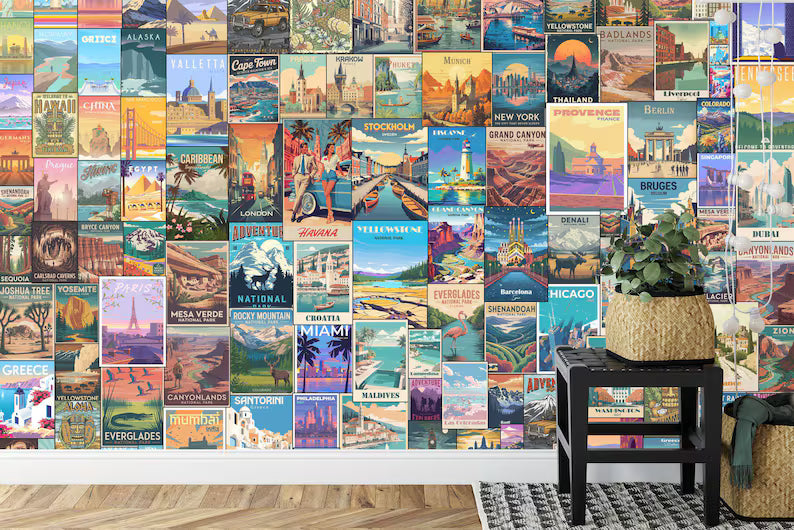 Retro Travel Poster Collage Wallpaper Mural