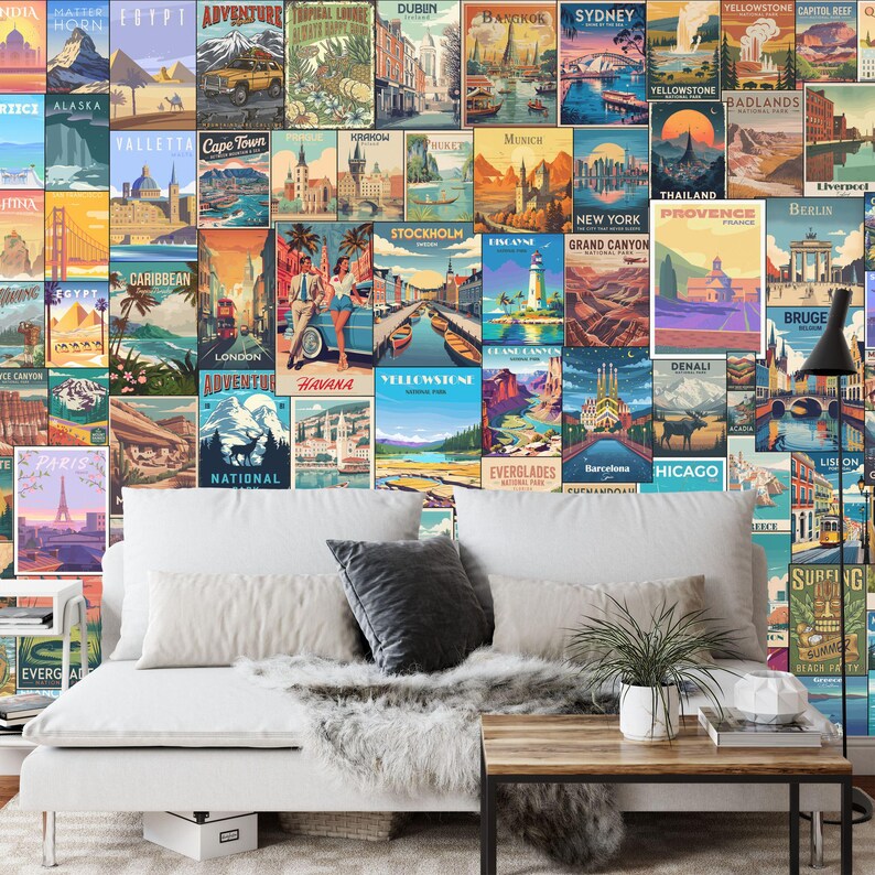 Retro Travel Poster Collage Wallpaper Mural