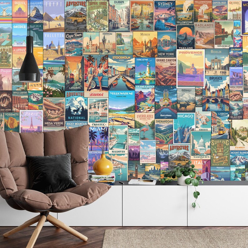 Retro Travel Poster Collage Wallpaper Mural