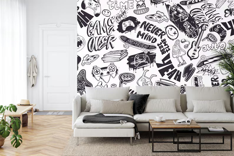Urban Graffiti Peel and Stick Kids Room Mural, Black and White