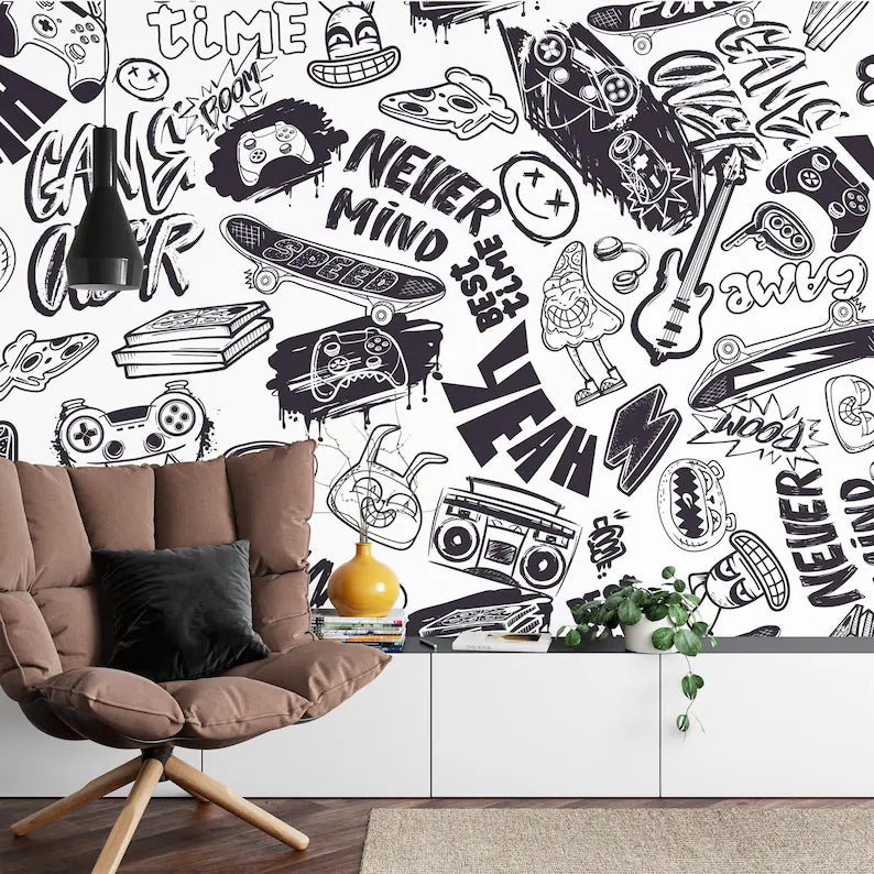 Urban Graffiti Peel and Stick Kids Room Mural, Black and White