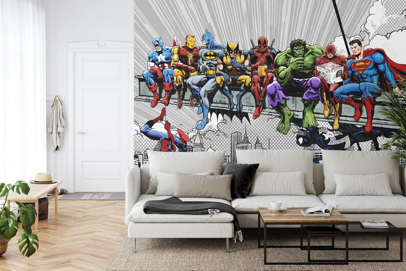 Vintage Comic Superhero Cityscape Wall Mural