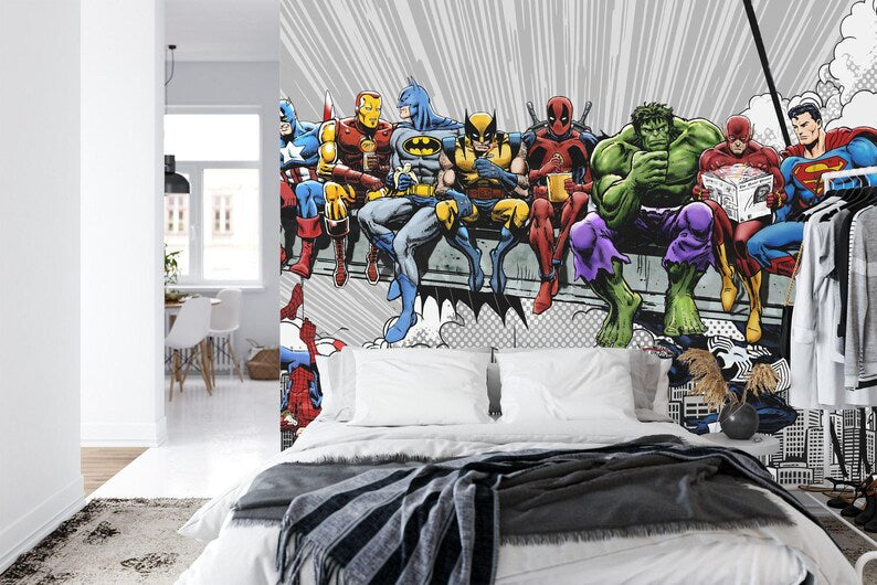 Vintage Comic Superhero Cityscape Wall Mural