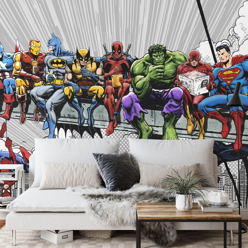 Vintage Comic Superhero Cityscape Wall Mural