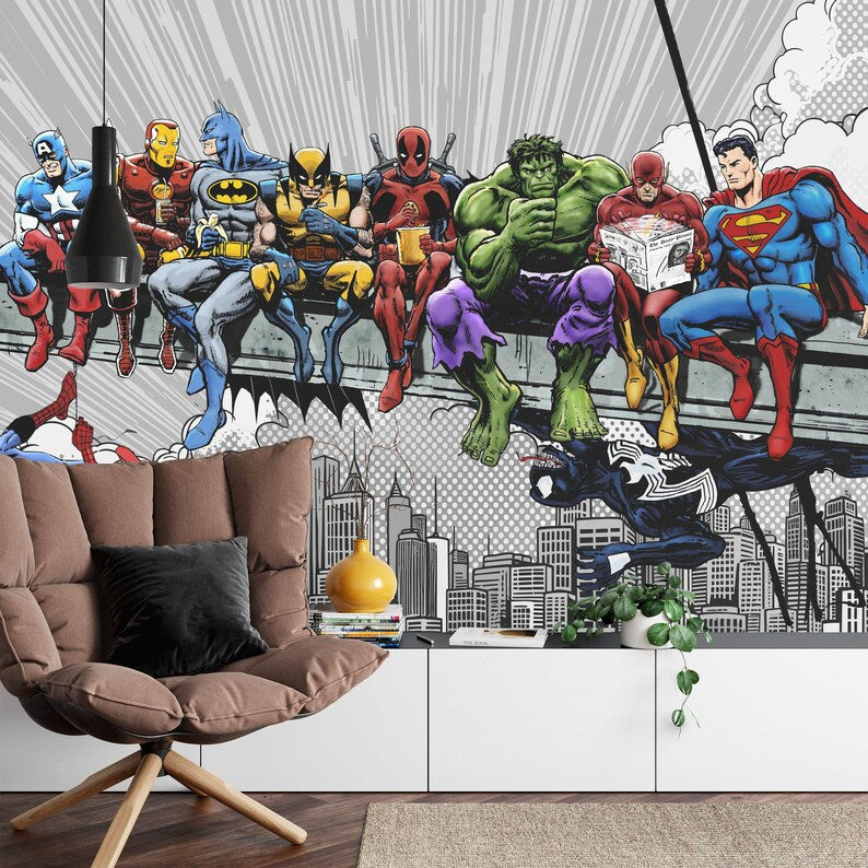 Vintage Comic Superhero Cityscape Wall Mural