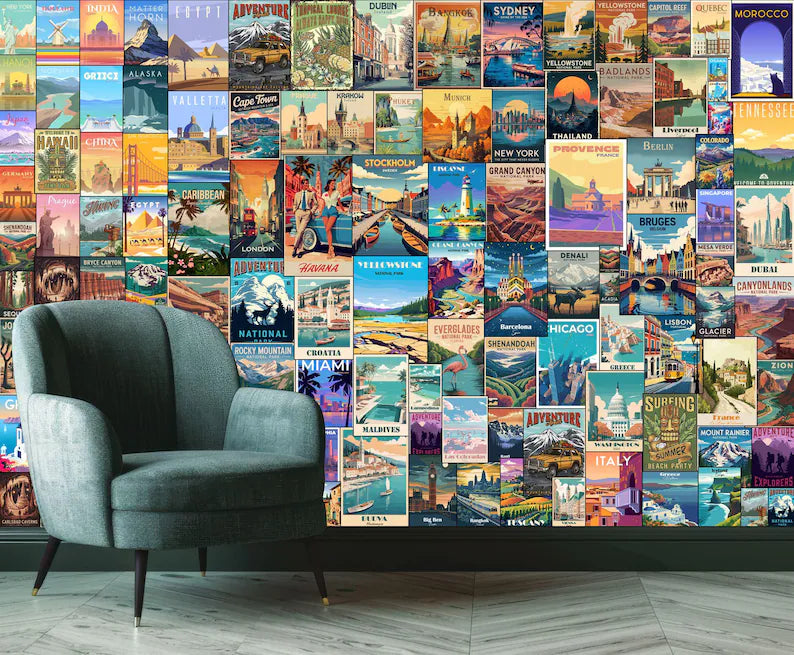 Retro Travel Poster Collage Wallpaper Mural