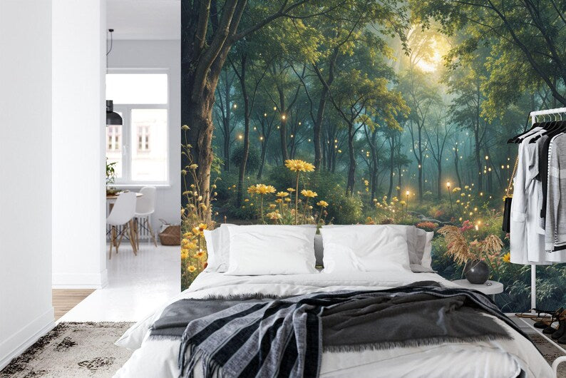 Enchanted Forest Night Wallpaper Mural, Moonlit Trees