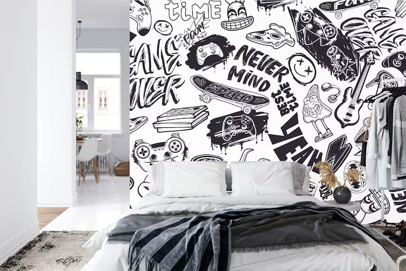 Urban Graffiti Peel and Stick Kids Room Mural, Black and White