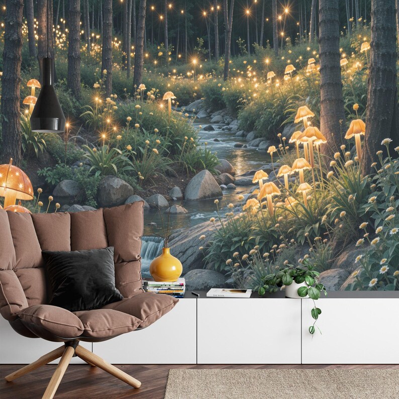 Fairytale Forest Wallpaper Mural, Magical Mushroom Lights
