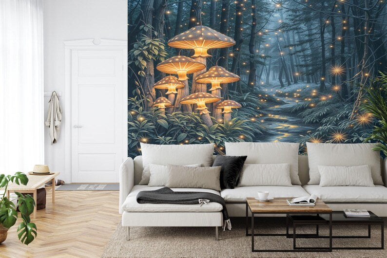  Fairytale forest wall mural with luminous mushrooms, mystical trees, and twinkling lights in deep blue twilight

