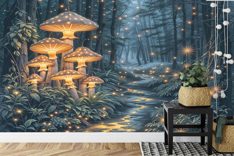 Enchanted woodland wallpaper showing whimsical glowing mushrooms and magical forest atmosphere at night

