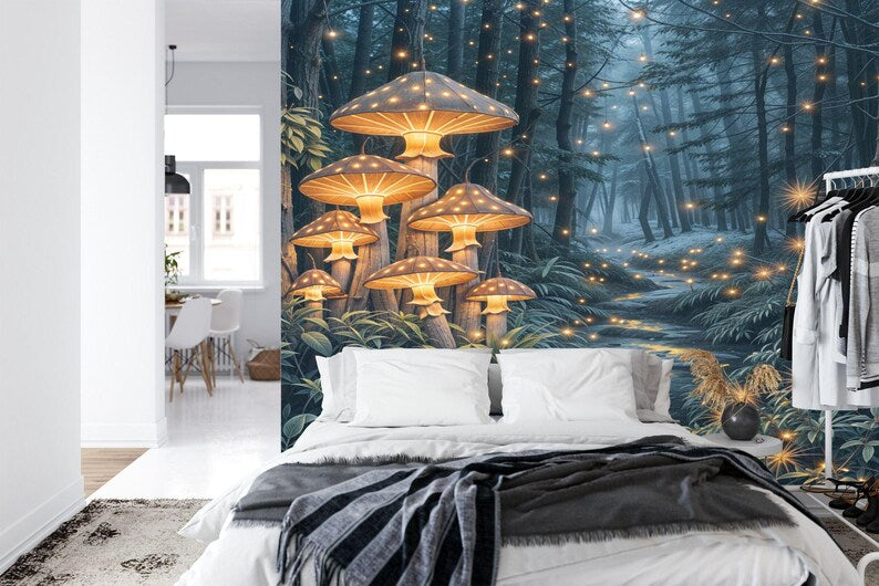 Fantasy forest mural with bioluminescent mushrooms, fairy lights, and mystical trees in moonlit setting

