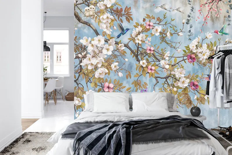 Chinoiserie wall mural with peach tree branches and blossoms on textured vintage background

