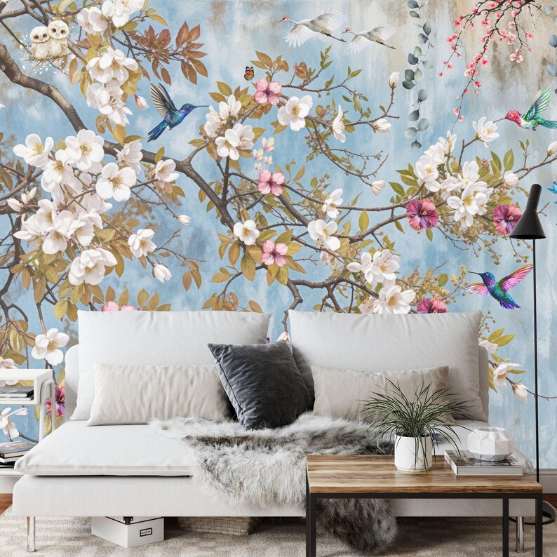 Vintage Chinoiserie Peach Blossom Tree Wallpaper Mural