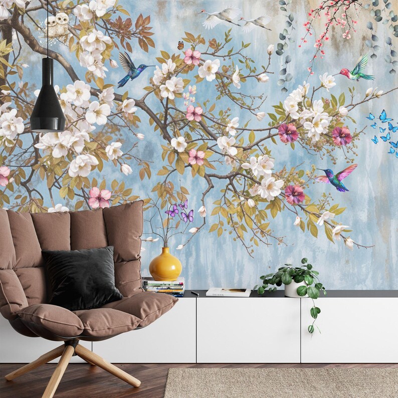 Vintage Chinoiserie Peach Blossom Tree Wallpaper Mural