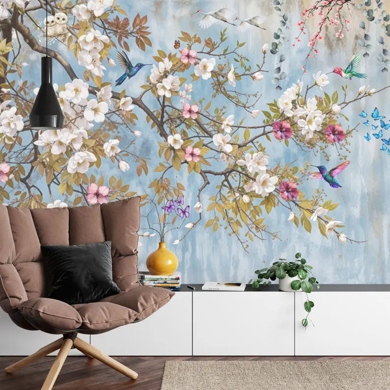  Detailed view of vintage peach blossom tree mural showing delicate petals and branch structure


