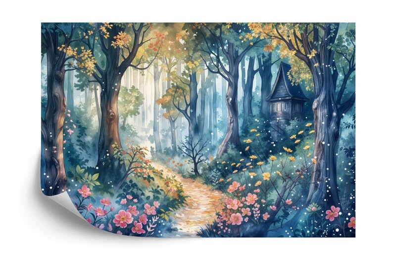 Enchanted forest mural installation example with whimsical woodland theme