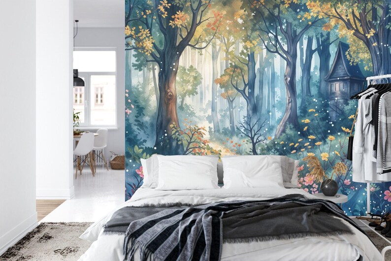 Close-up of enchanted forest wallpaper featuring magical tree details and whimsical design
