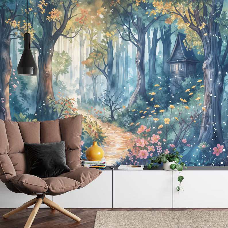 Enchanted Forest Wallpaper Mural, Whimsical Watercolor Art