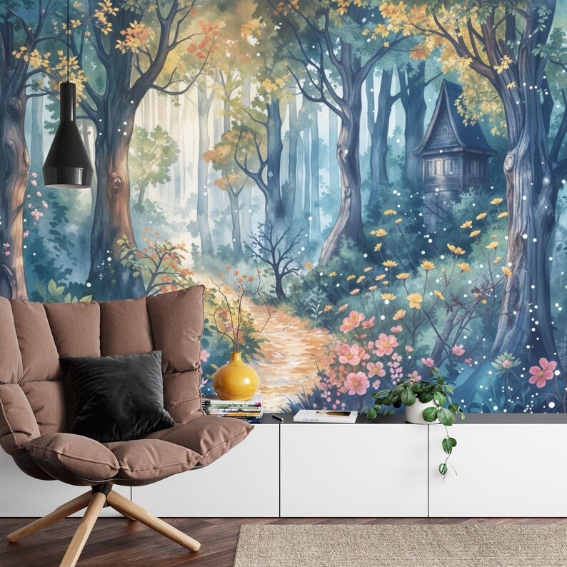 Detailed view of enchanted forest wallpaper showing whimsical tree patterns