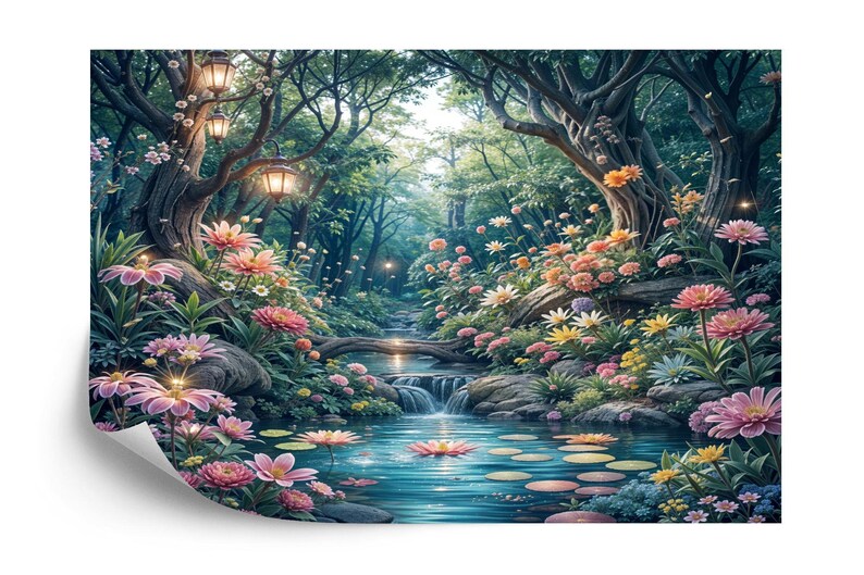 Fantasy Forest Wallpaper Mural, Purple Cyan Art Print