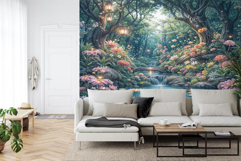 Purple and cyan fantasy forest wall mural featuring enchanted woodland scene

