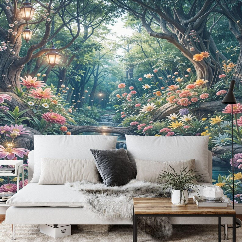Fantasy forest mural wallpaper showing magical trees in purple and turquoise hues