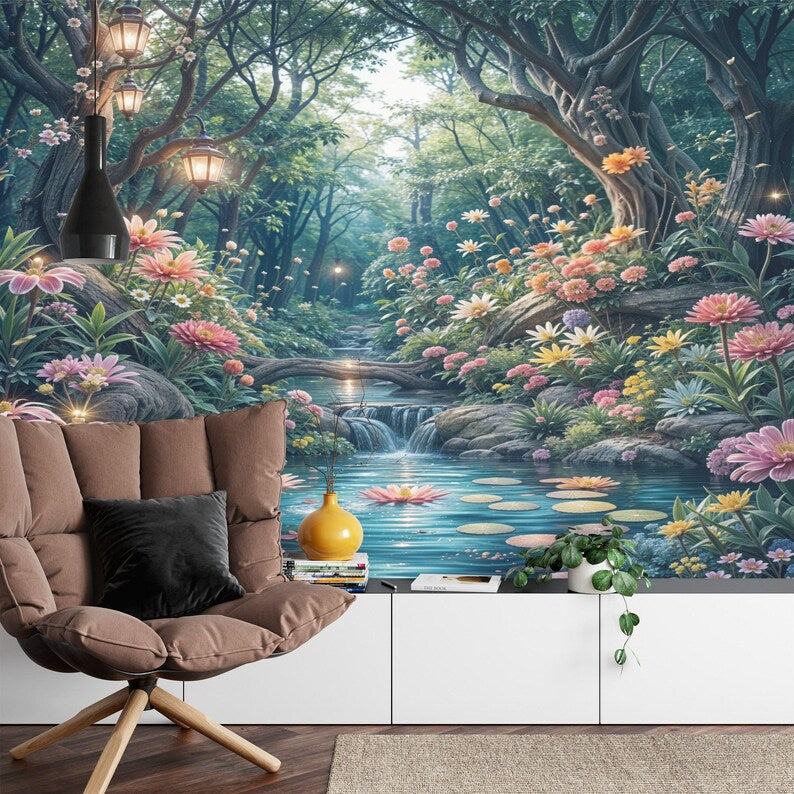 Enchanted forest wall mural in purple and cyan with atmospheric fog effect

