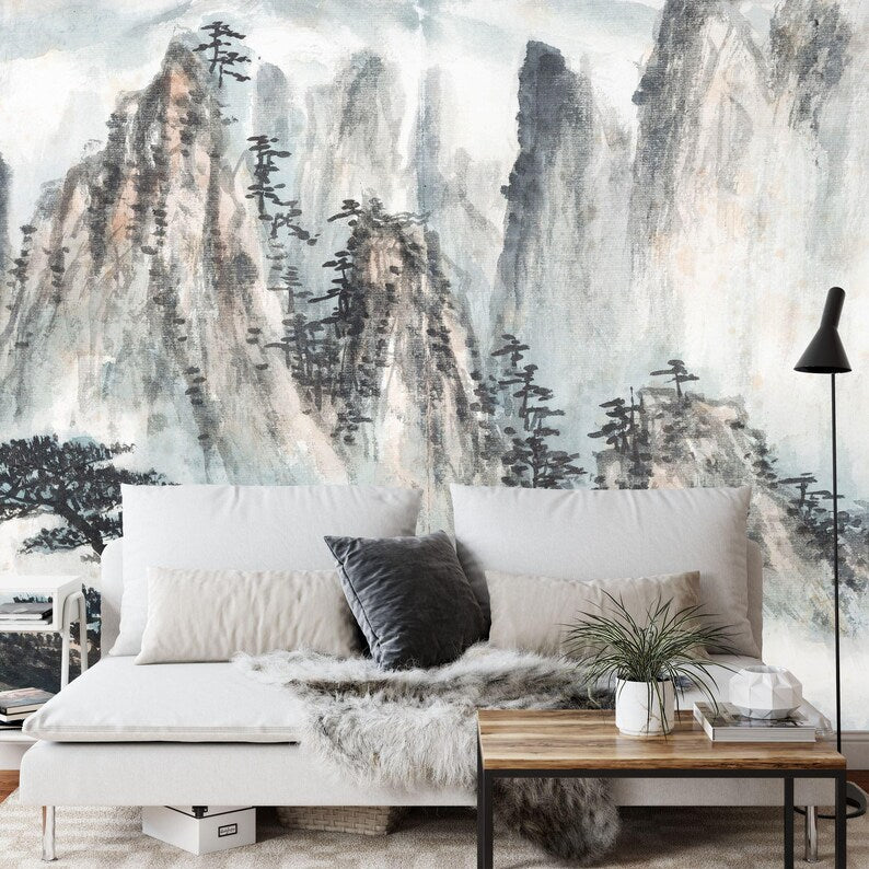 Traditional Chinese landscape wallpaper featuring serene mountain scenery and natural elements